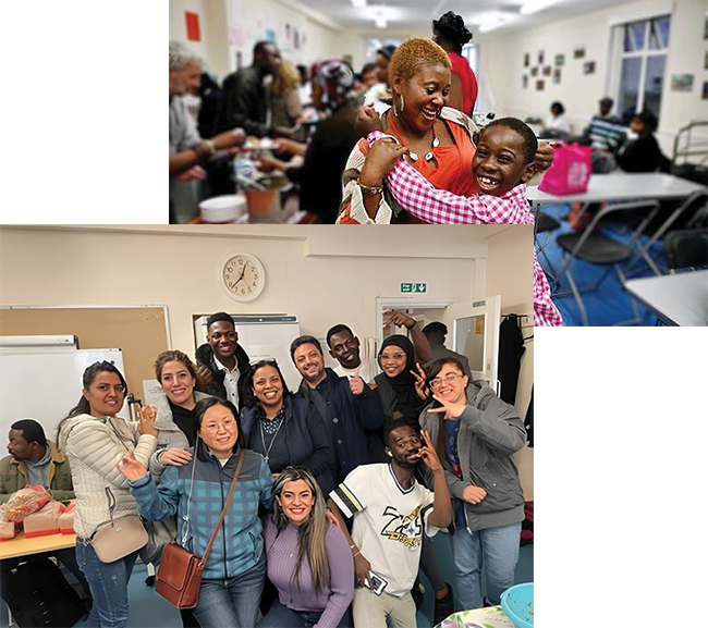 Image at the top: A happy kid and woman hugging each other and posing for a photo, both smiling joyfully. Image at the bottom: A group of people posing for a photo.